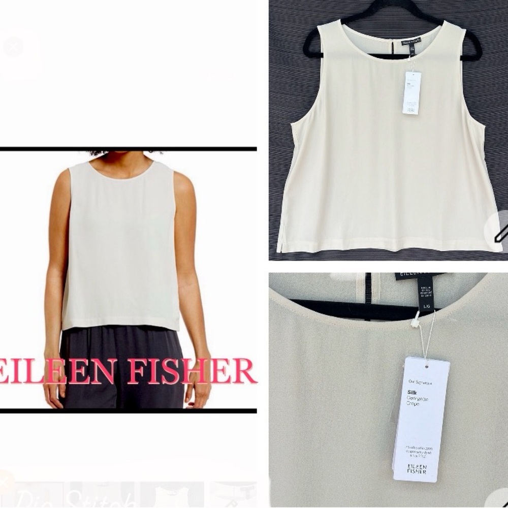 EILEEN FISHER 100 % SILK round neck shell bone top size L